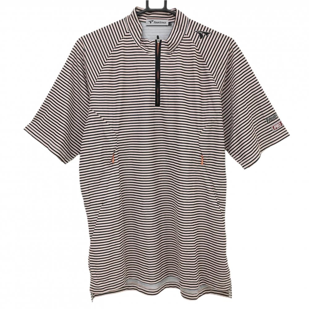 【超美品】ツアーステージ 半袖ハイネックシャツ 黒×オレンジ ボーダー ハーフジップ 肩ロゴ メンズ L ゴルフウェア TOURSTAGE