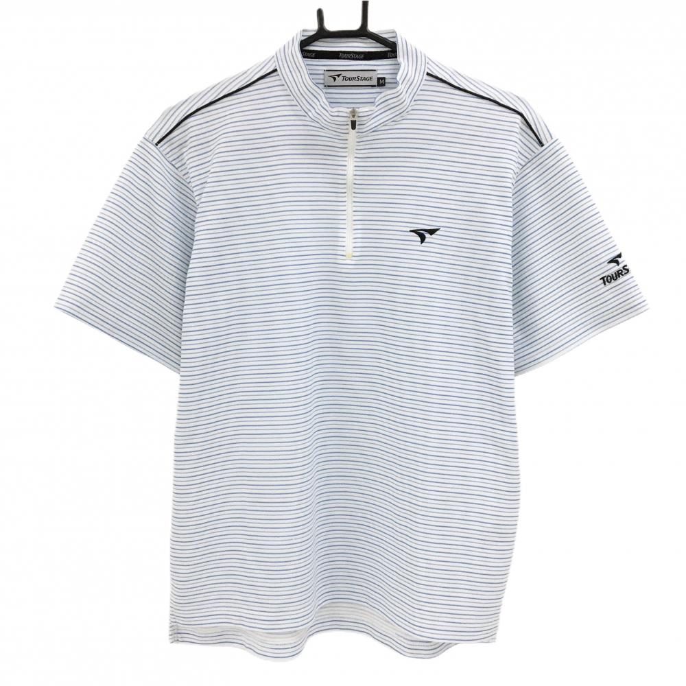 【美品】ツアーステージ 半袖ハイネックシャツ 白×ブルー ボーダー ハーフジップ メンズ M ゴルフウェア TOURSTAGE