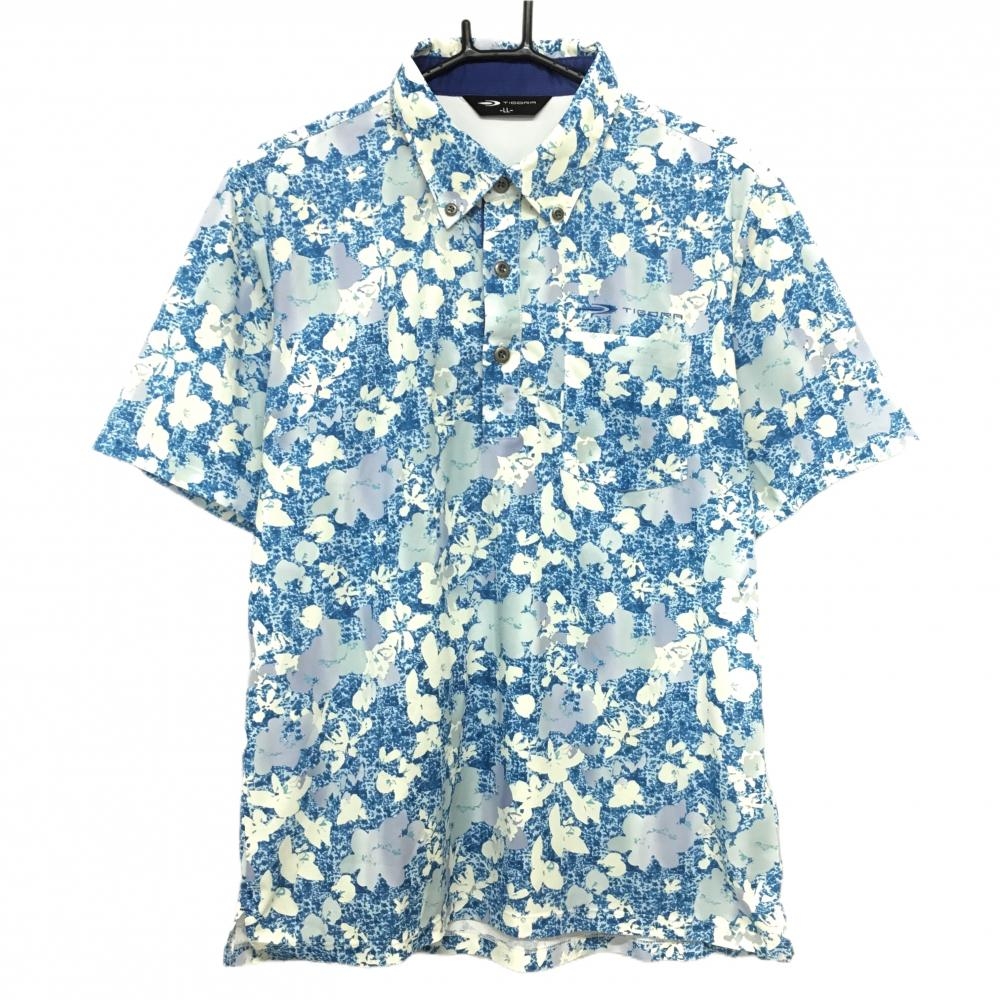 【超美品】ティゴラ 半袖ポロシャツ ブルー×白 花柄 胸ポケット 刺しゅう  メンズ LL ゴルフウェア TIGORA