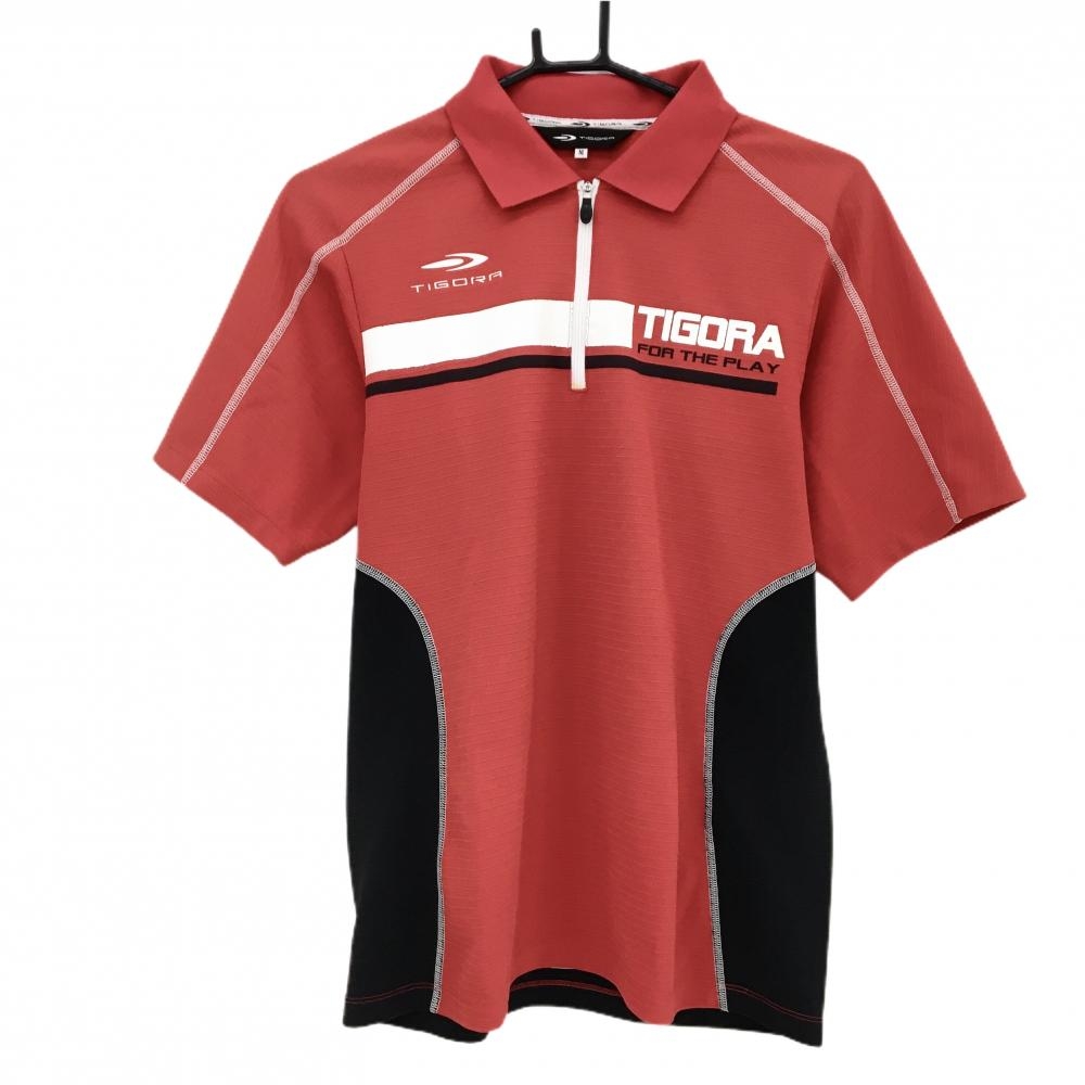 【美品】ティゴラ 半袖ポロシャツ レッド×白 ハーフジップ メンズ M ゴルフウェア TIGORA