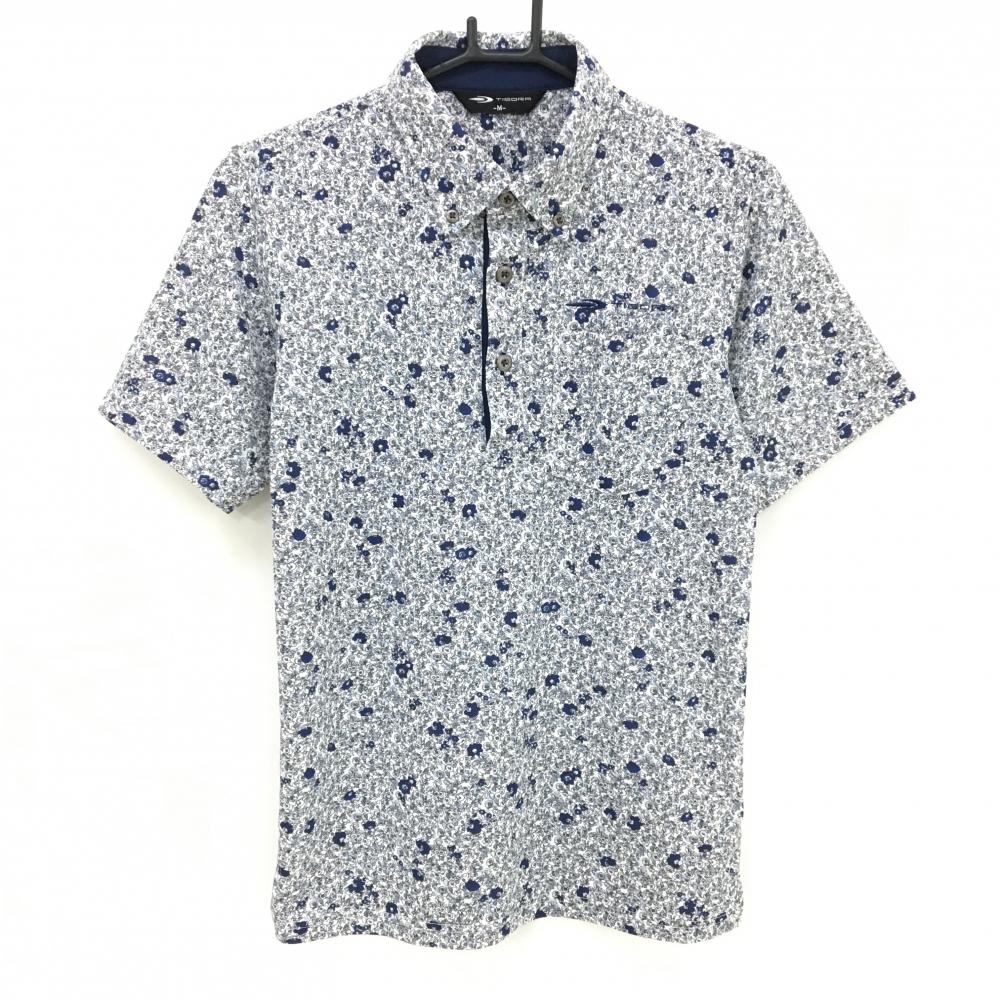【超美品】ティゴラ 半袖ポロシャツ 白×黒×ネイビー 小花柄 ボタンダウン 胸ポケット付 メンズ M ゴルフウェア TIGORA