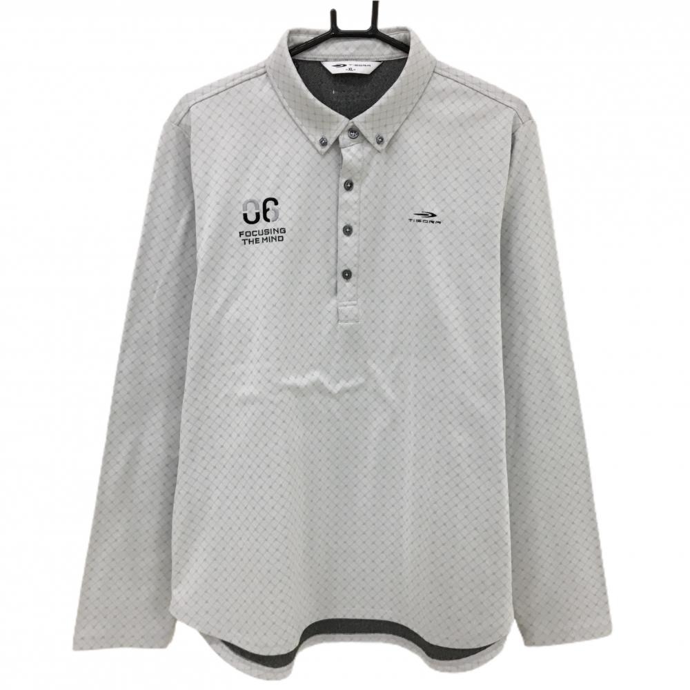 【美品】ティゴラ 長袖ポロシャツ ライトグレー×グレー 総柄 裏微起毛 ボタンダウン メンズ XL  ゴルフウェア TIGORA