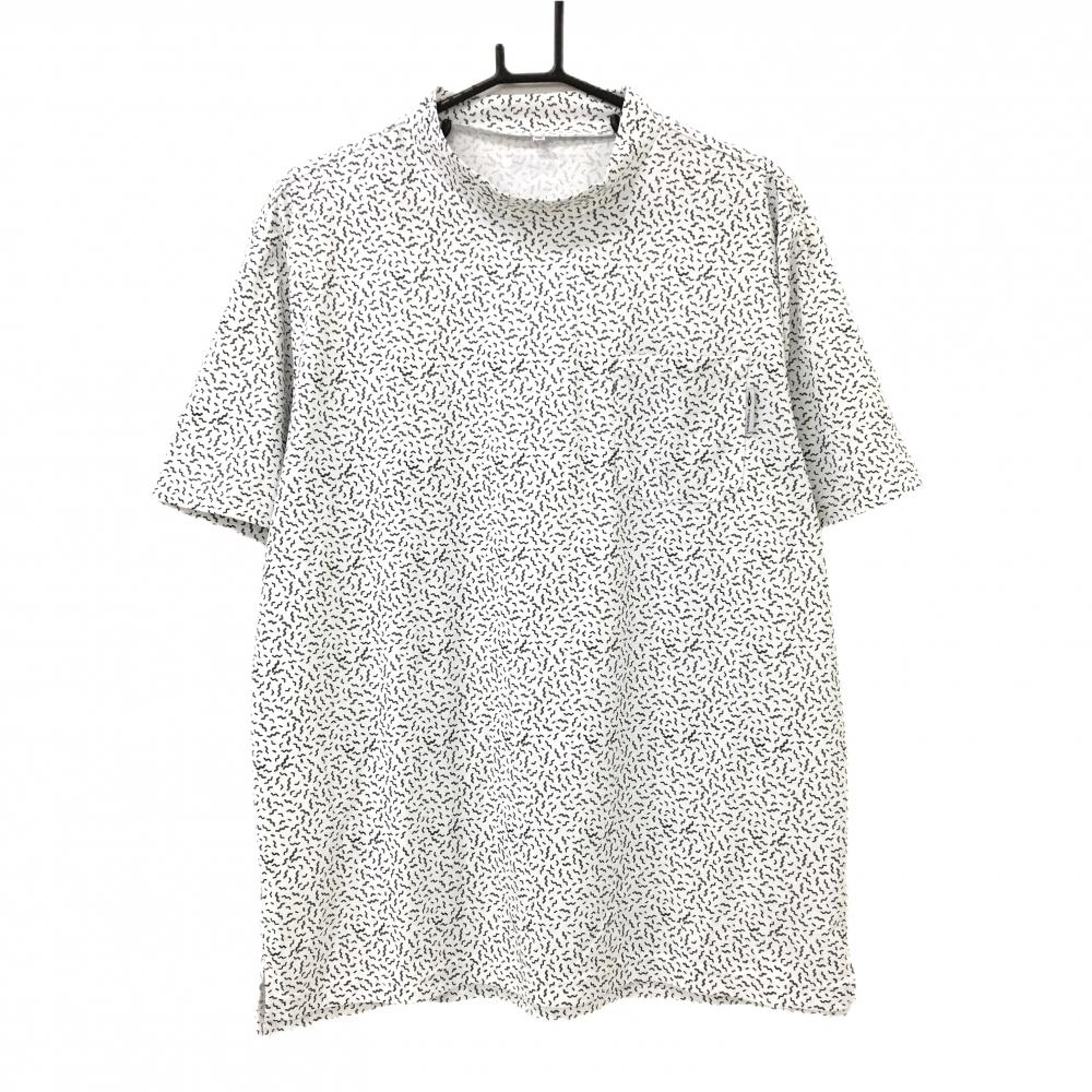 【超美品】ティゴラ 半袖ハイネックシャツ 白×黒 総柄 胸ポケット付 メンズ 2XL ゴルフウェア 大きいサイズ TIGORA
