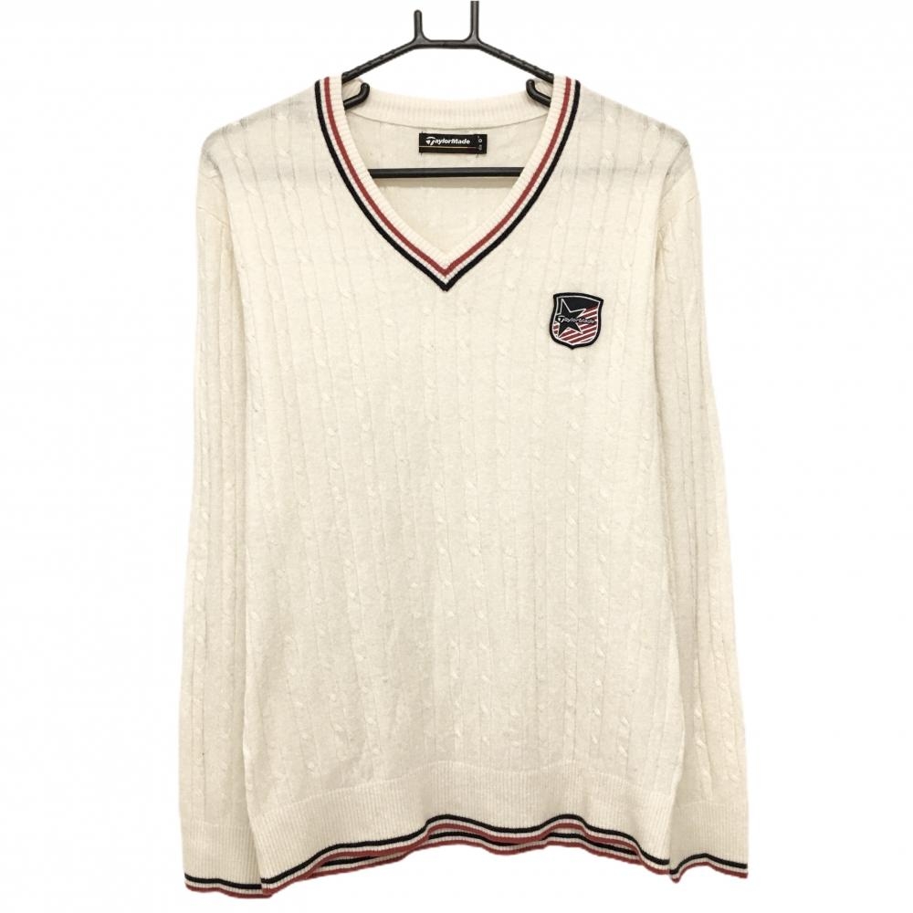 【美品】テーラーメイド セーター アイボリー×レッド ニット ケーブル編み ウール混 Vネック メンズ O ゴルフウェア TaylorMade