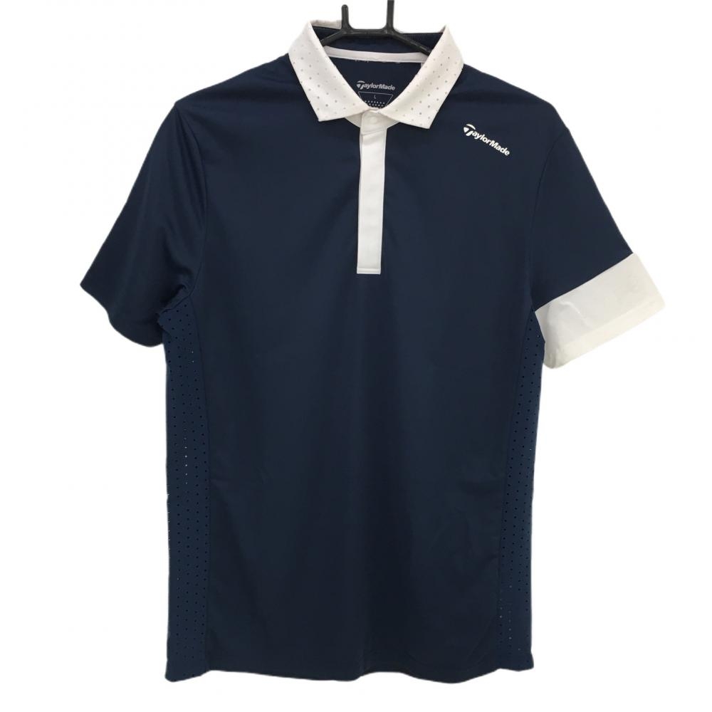 テーラーメイド 半袖ポロシャツ ネイビー×白 襟サイドパンチング メンズ L ゴルフウェア TaylorMade