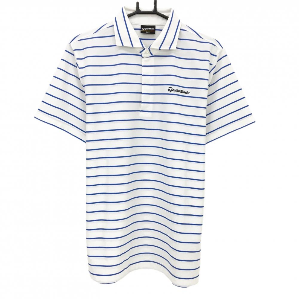 【超美品】テーラーメイド 半袖ポロシャツ 白×ブルー ボーダー 胸元ロゴ メンズ L ゴルフウェア TaylorMade
