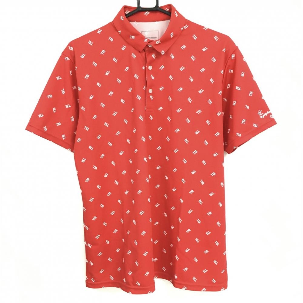 【超美品】テーラーメイド 半袖ポロシャツ レッド×白 英字総柄 袖立体ロゴ メンズ L ゴルフウェア TaylorMade