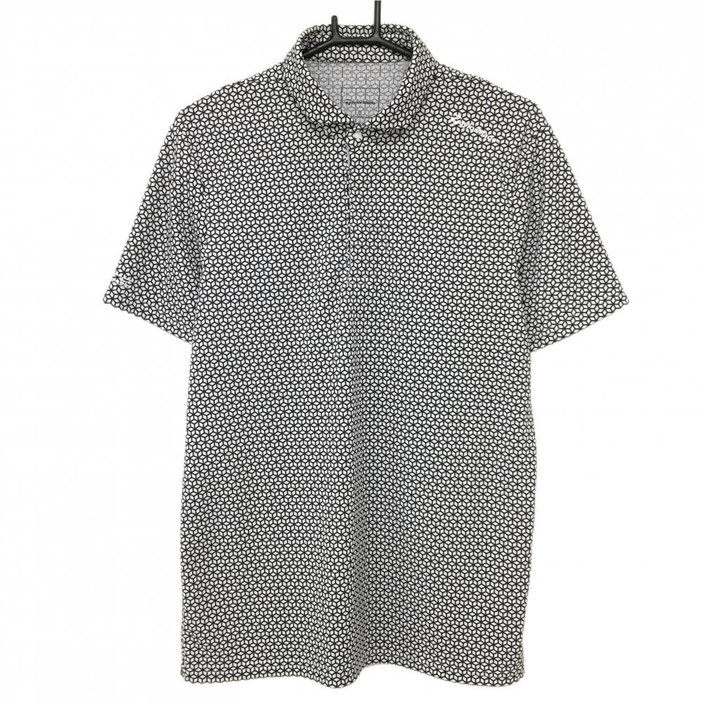 【美品】テーラーメイド 半袖ポロシャツ 白×黒 立方体総柄 スナップボタン メンズ O ゴルフウェア TaylorMade