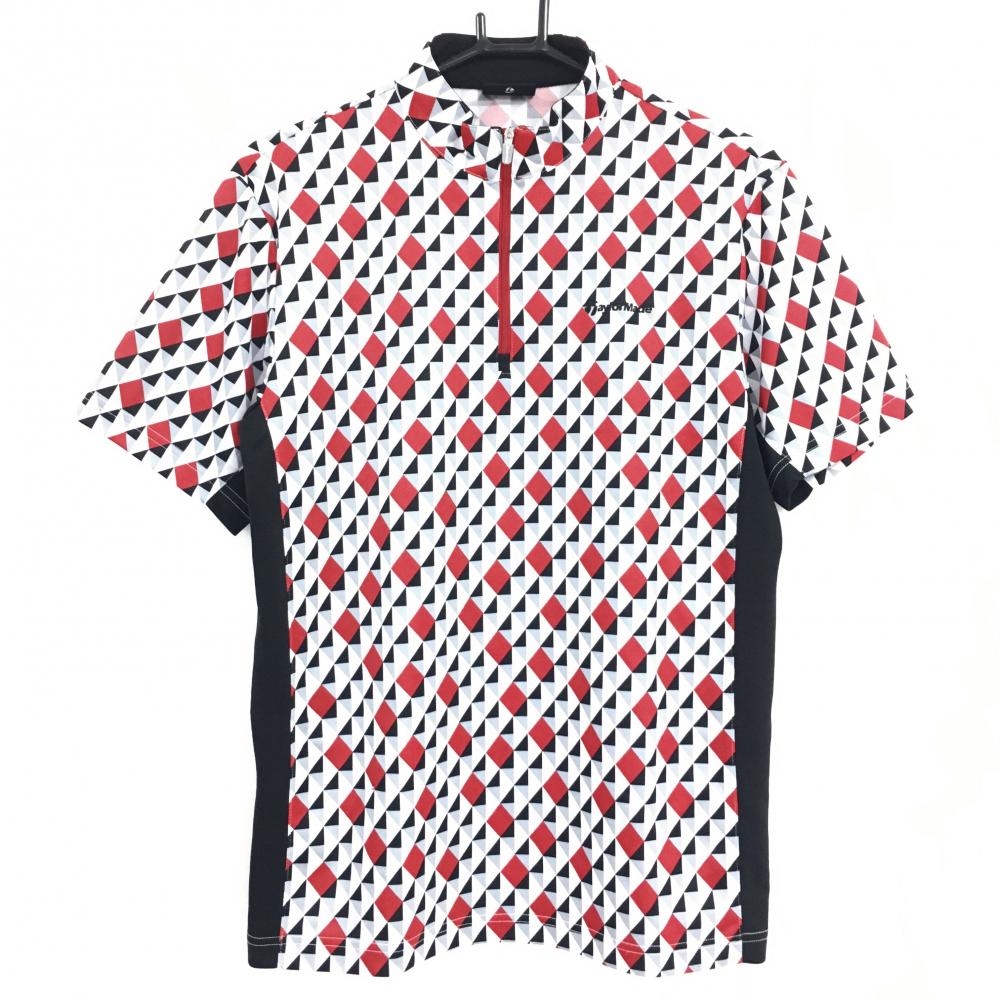 【超美品】テーラーメイド 半袖ハイネックシャツ 白×レッド×黒 総柄 ハーフジップ メンズ M ゴルフウェア TaylorMade