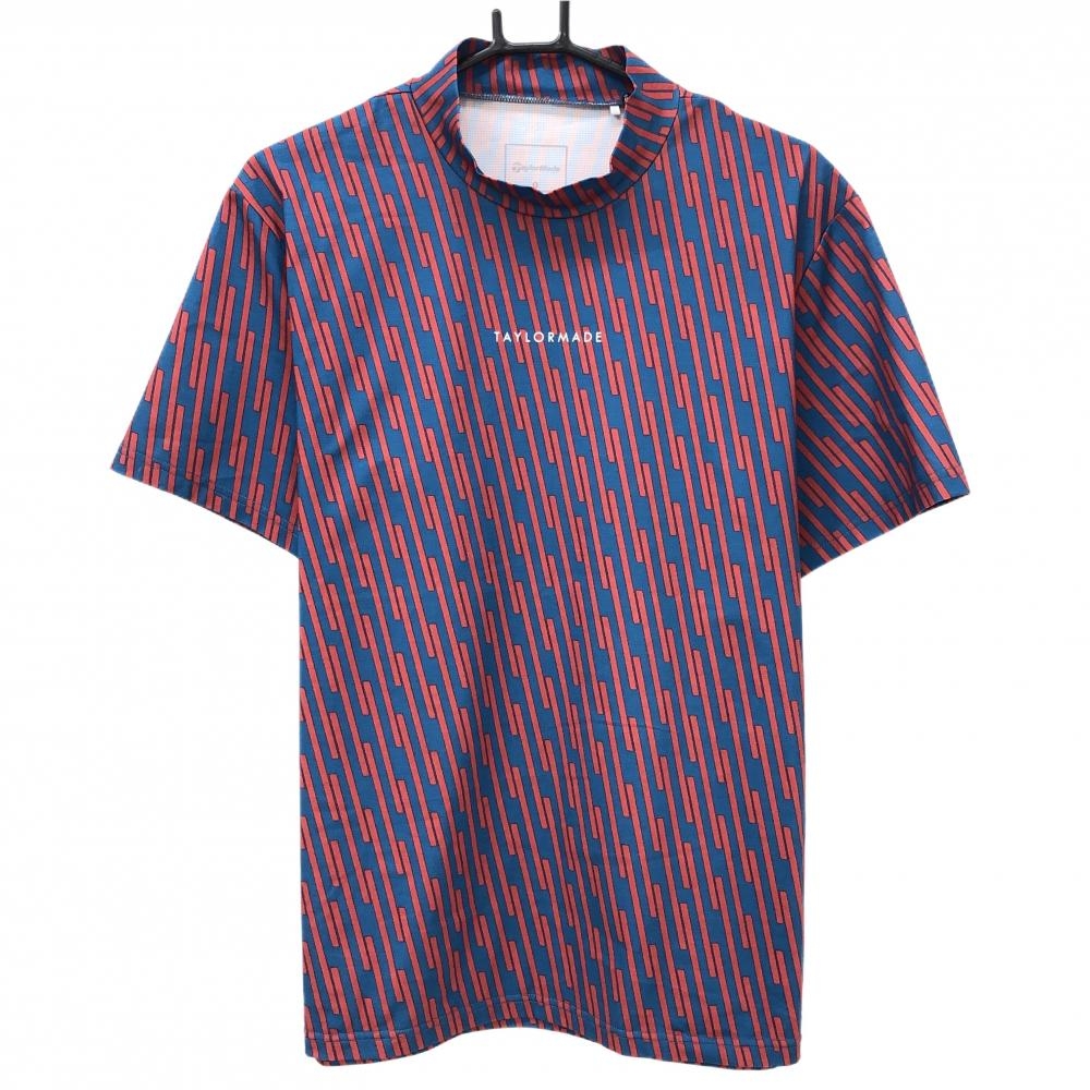 【超美品】テーラーメイド 半袖ハイネックシャツ ブルー×レッド 総柄 ロゴプリント メンズ O ゴルフウェア 2023年モデル TaylorMade