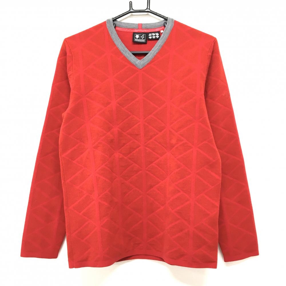 【美品】デサントゴルフ セーター レッド 総柄 ウール混 Vネック 中田英寿  メンズ L ゴルフウェア DESCENTE