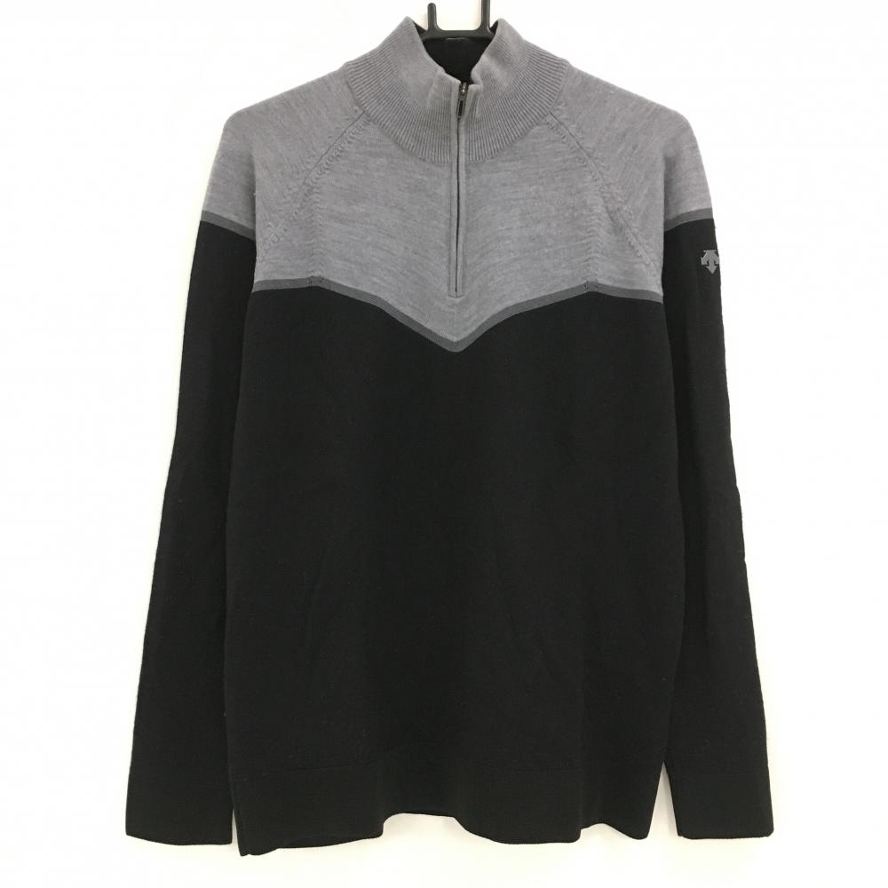 デサントゴルフ ハイネックセーター 黒×グレー ニット ウール混 ハーフジップ 中田英寿 メンズ 0(XL) ゴルフウェア DESCENTE