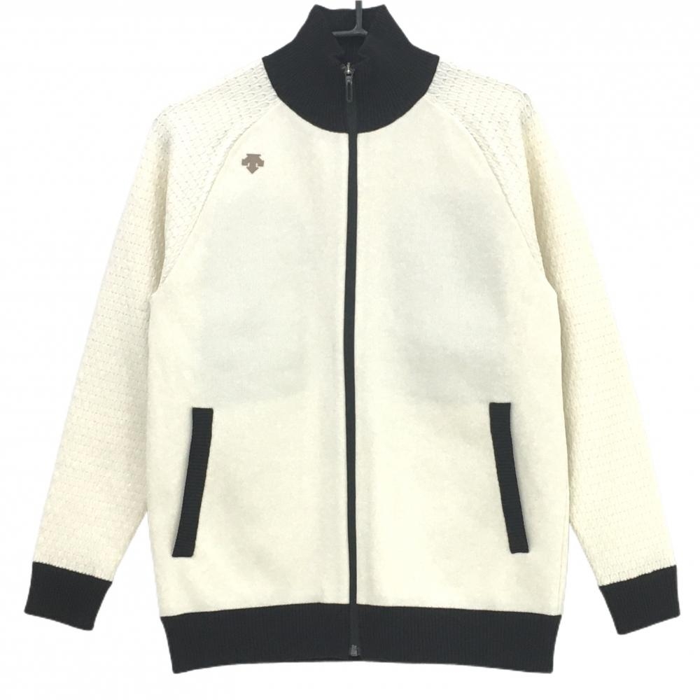 【超美品】デサント ニットジャケット 白×黒 メッシュ裏地 ウール混 中田英寿 メンズ M ゴルフウェア DESCENTE
