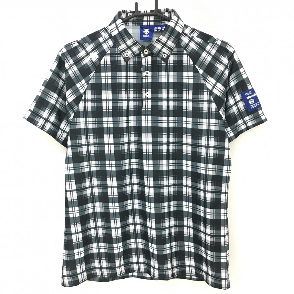 【超美品】デサントゴルフ 半袖ポロシャツ 黒×白 チェック ボタンダウン 中田英寿 メンズ M ゴルフウェア DESCENTE