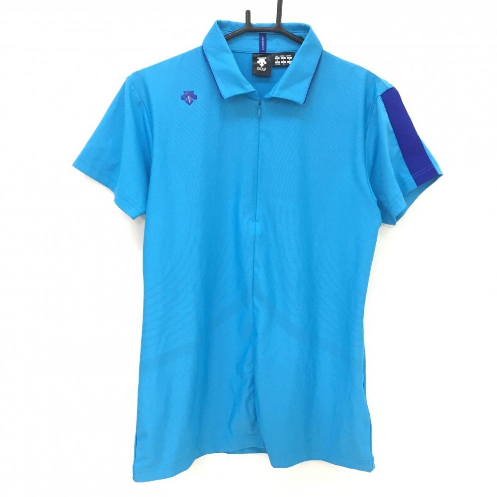 【超美品】デサントゴルフ 半袖ポロシャツ ライトブルー×ブルー 地模様 ハーフジップ 中田英寿 メンズ M ゴルフウェア DESCENTE