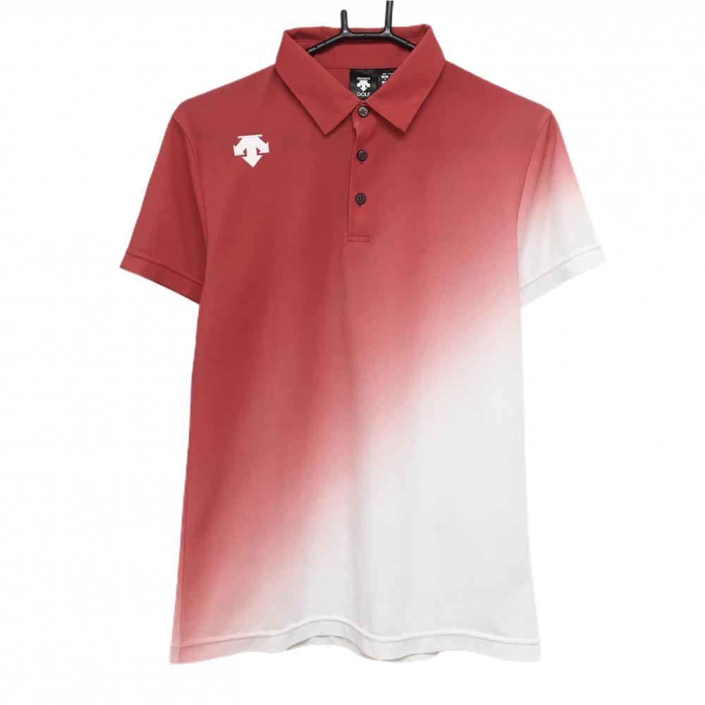 【美品】デサントゴルフ 半袖ポロシャツ レッド×白 グラデーション ロゴ刺しゅう 中田英寿 メンズ M ゴルフウェア DESCENTE