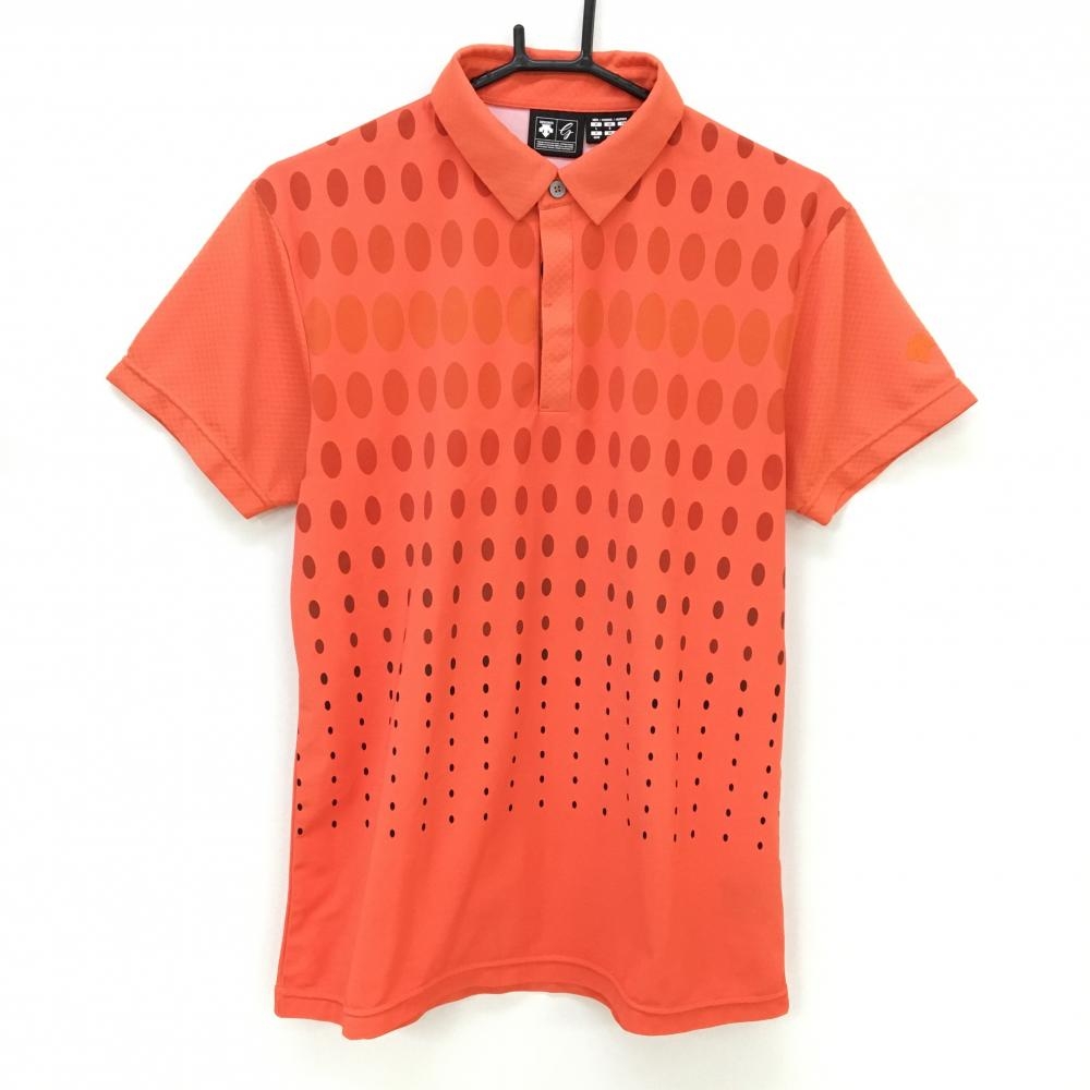 【超美品】デサントゴルフ 半袖ポロシャツ オレンジ×黒 ドット風 袖ロゴ 襟・袖メッシュ メンズ L ゴルフウェア DESCENTE