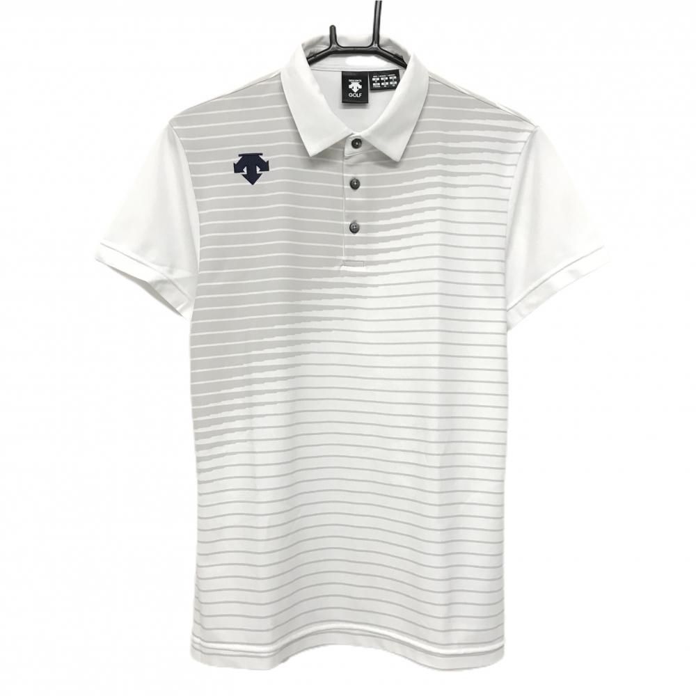 【美品】デサントゴルフ 半袖ポロシャツ 白×グレージュ ボーダー調 ロゴ刺しゅう 中田英寿  メンズ M ゴルフウェア DESCENTE