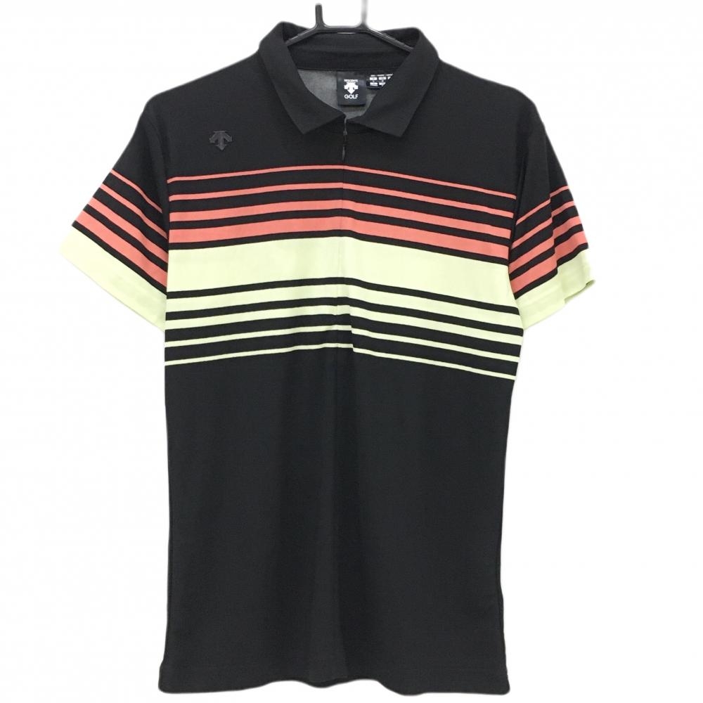 【超美品】デサントゴルフ 半袖ポロシャツ 黒×ライトイエロー×オレンジ 上部ボーダー ハーフジップ メンズ L ゴルフウェア DESCENTE