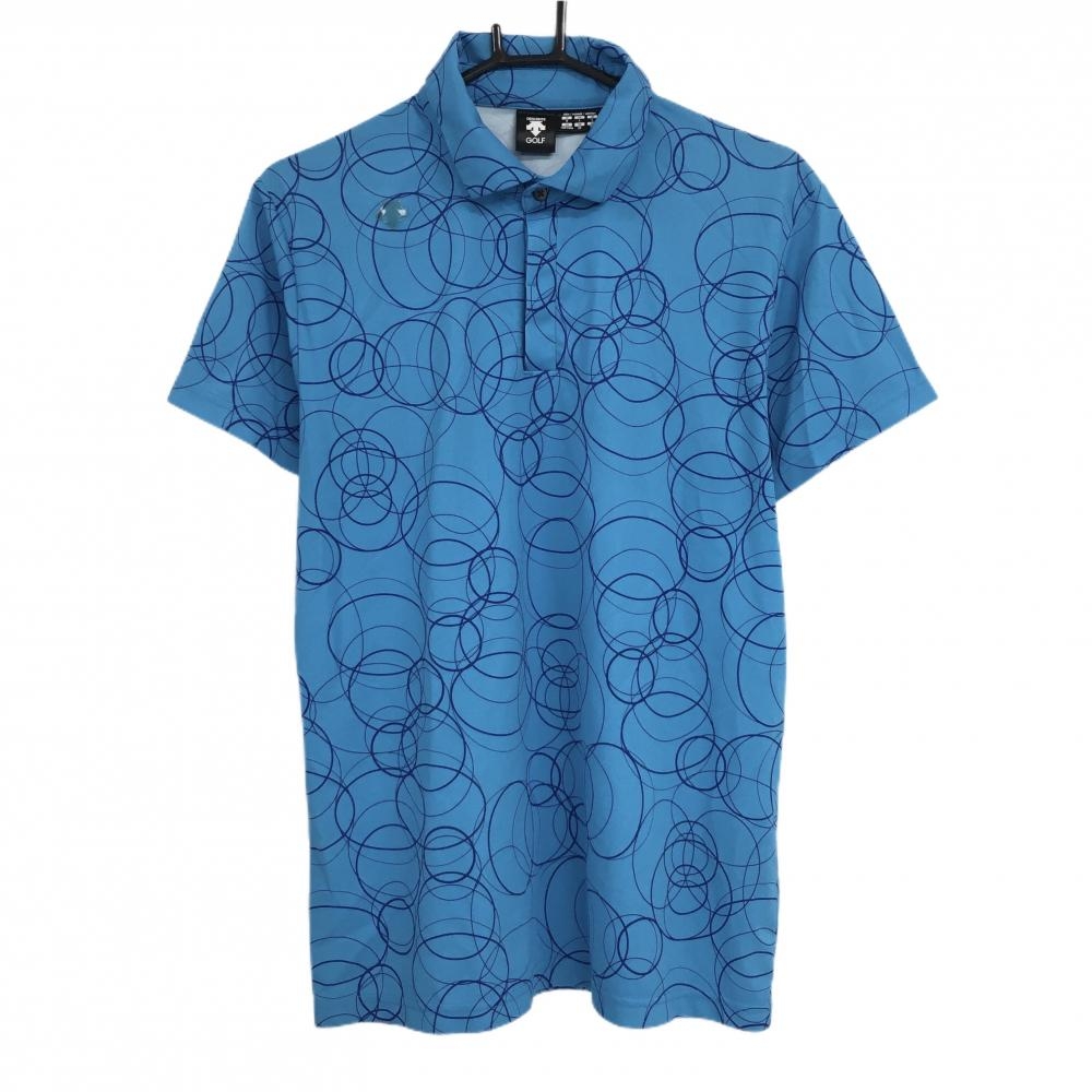 【美品】デサントゴルフ 半袖ポロシャツ ブルー×ネイビー サークル総柄 中田英寿  メンズ O ゴルフウェア DESCENTE
