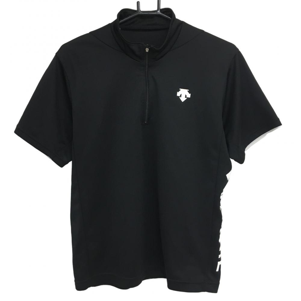 【超美品】デサント 半袖ハイネックシャツ 黒×白 ロゴプリント ハーフジップ メンズ L ゴルフウェア DESCENTE 画像
