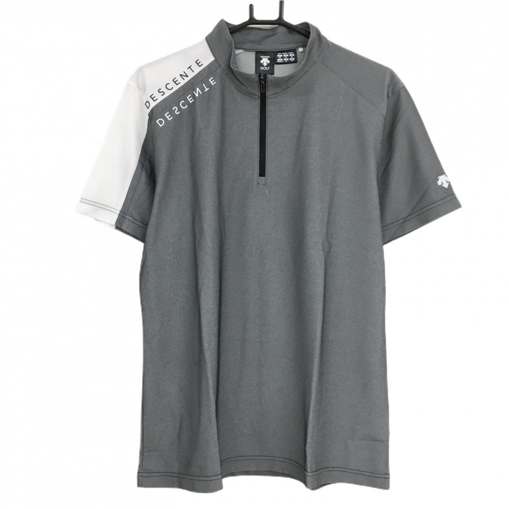 【超美品】デサントゴルフ 半袖ハイネックシャツ グレー×白 ハーフジップ 肩ロゴ 中田英寿 メンズ XO(2XL) ゴルフウェア DESCENTE