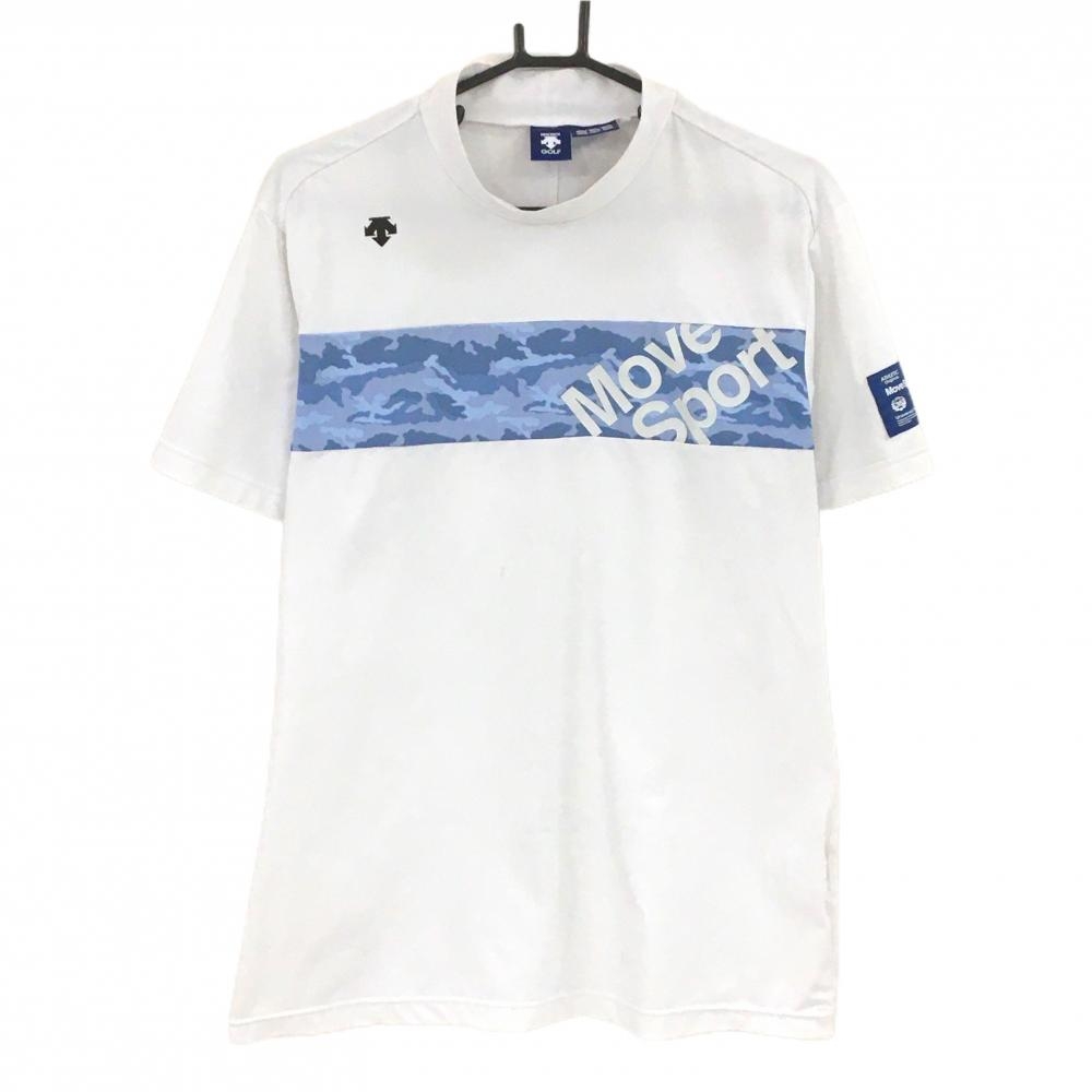 デサントゴルフ 半袖ハイネックシャツ 白×ネイビー 胸元カモフラ ロゴ刺しゅう 中田英寿 メンズ O ゴルフウェア DESCENTE