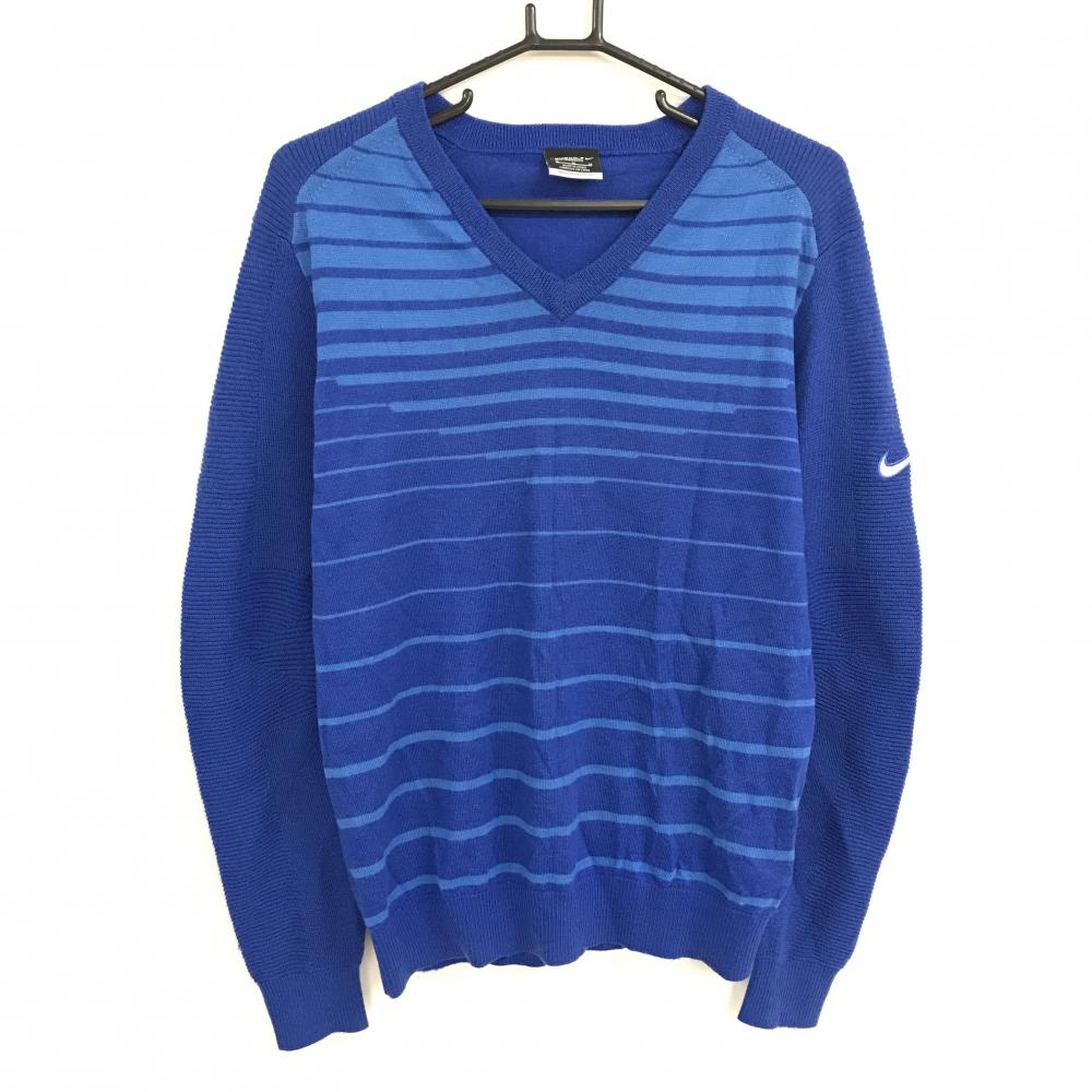 【超美品】ナイキゴルフ セーター ブルー×ライトブルー Vネック ボーダー風 ニット メンズ M ゴルフウェア NIKE