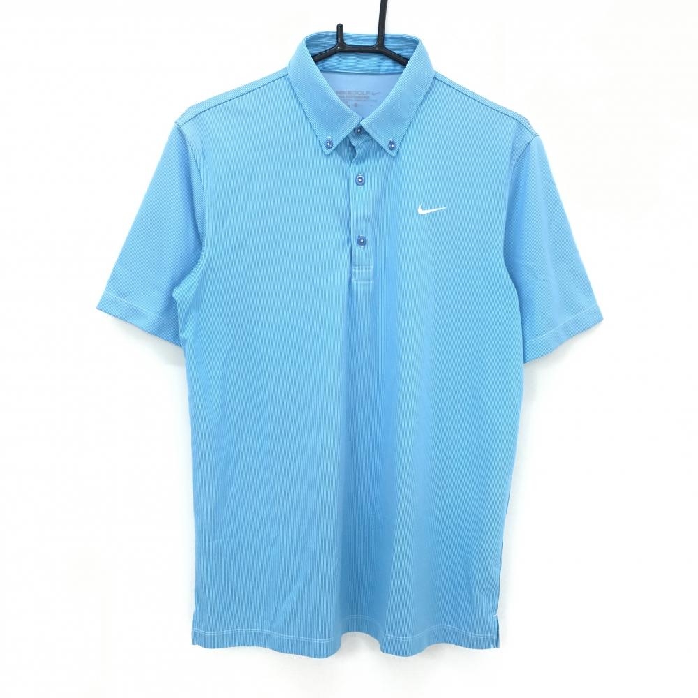 ナイキゴルフ 半袖ポロシャツ ブルー×白 ストライプ ロゴ刺しゅう ボタンダウン メンズ L ゴルフウェア NIKE 画像
