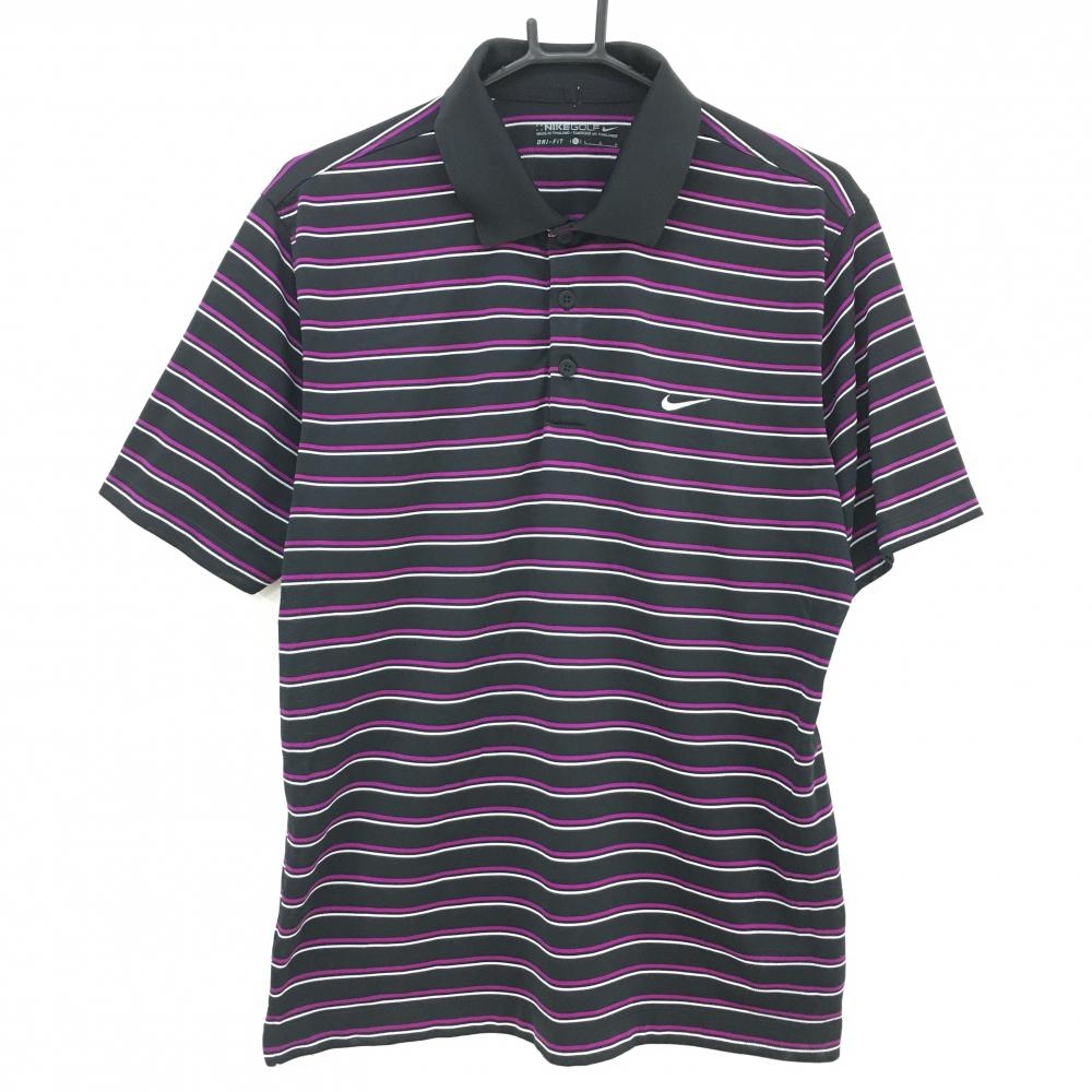 ナイキ 半袖ポロシャツ 黒×パープル ボーダー サイドメッシュ調 DRI-FIT メンズ L ゴルフウェア NIKE