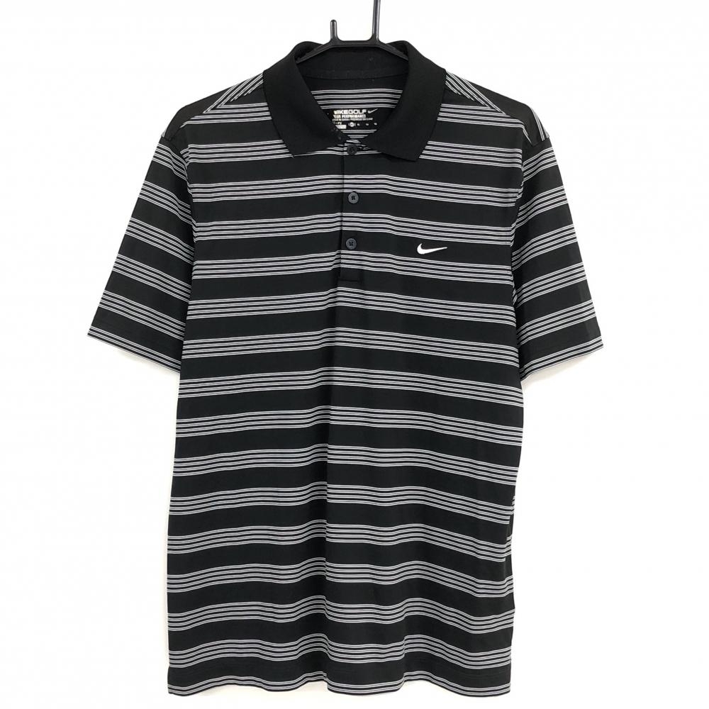 【美品】ナイキゴルフ 半袖ポロシャツ 黒×白 ボーダー 胸元ロゴ メンズ XL ゴルフウェア NIKE