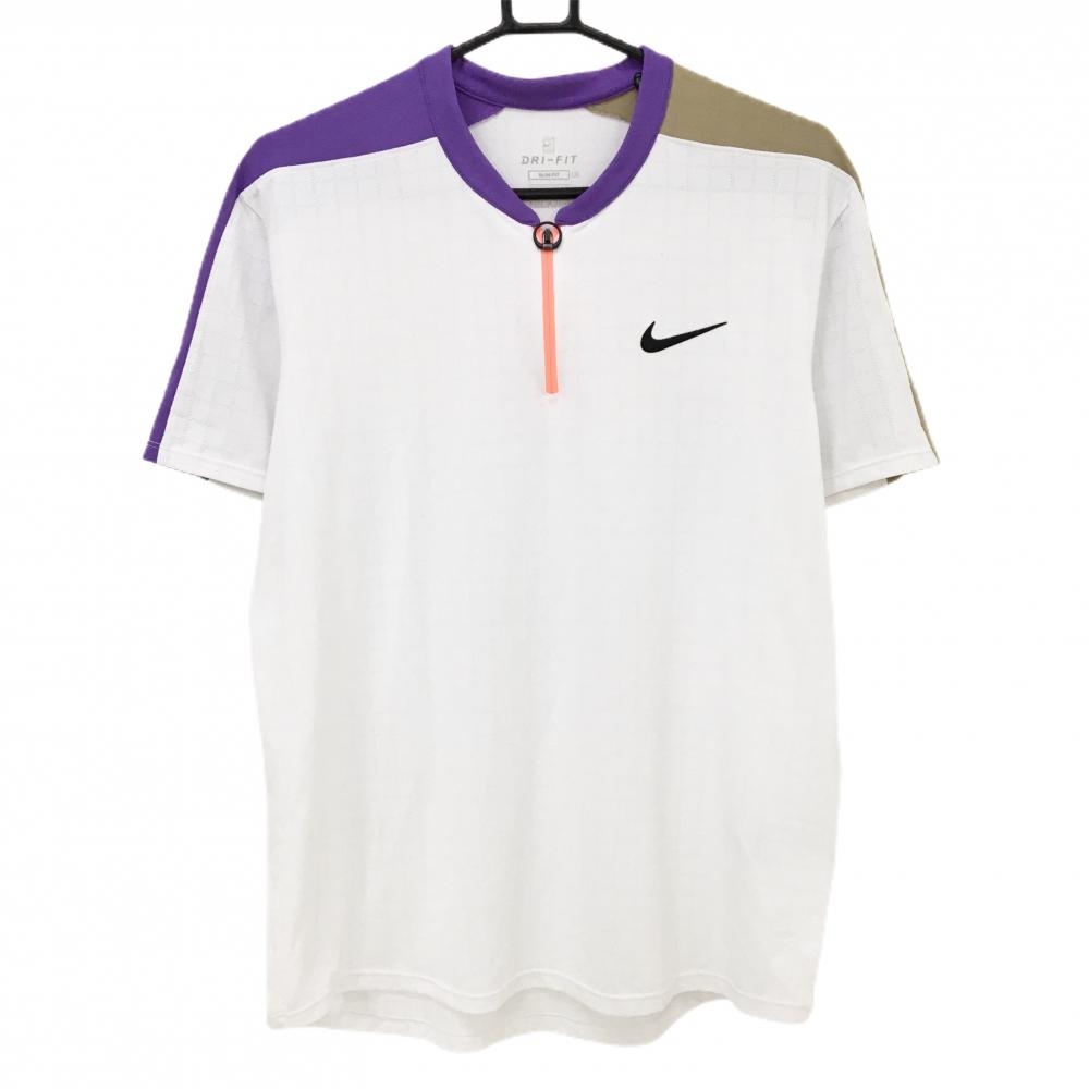 【超美品】ナイキ 半袖ポロシャツ 白×パープル パンチングスクエア総柄 DRY-FIT メンズ XL ゴルフウェア NIKE