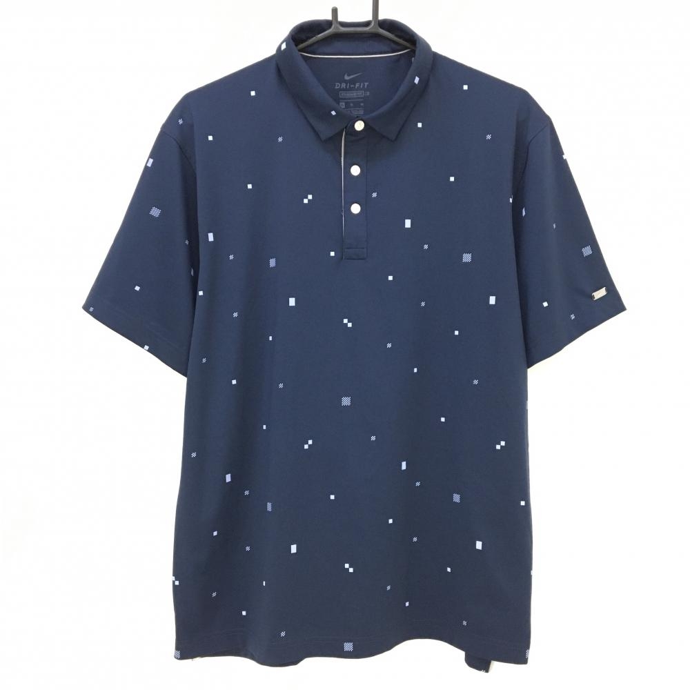 【超美品】ナイキ 半袖ポロシャツ ネイビー×ライトブルー スクエア総柄 DRY-FIT メンズ XL  ゴルフウェア NIKE