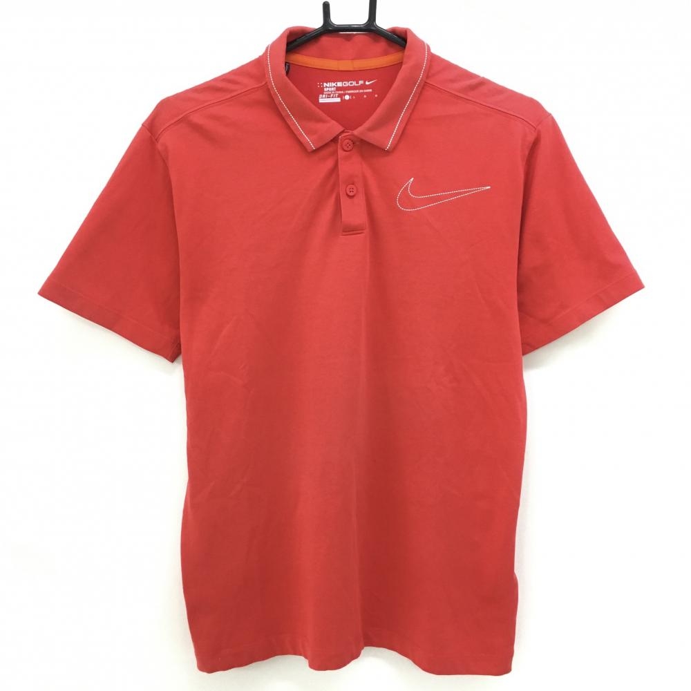 ナイキ 半袖ポロシャツ レッド×白 ステッチ風ロゴ DRI-FIT メンズ Ｌ ゴルフウェア NIKE