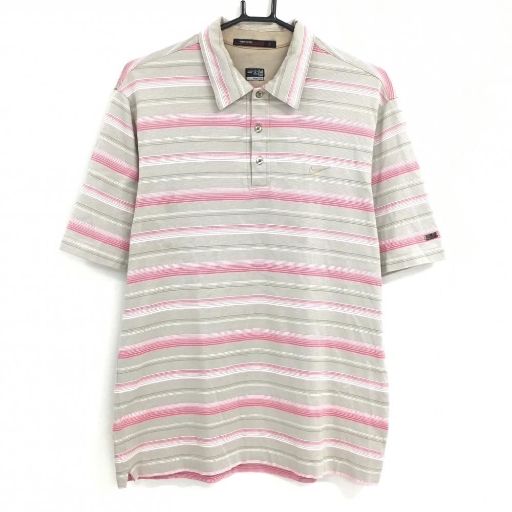 ナイキ タイガーウッズコレクション 半袖ポロシャツ ベージュ系×ピンク ボーダー メンズ LGG ゴルフウェア NIKE