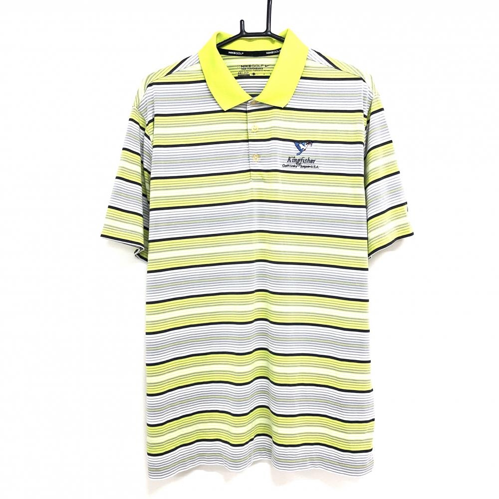 【美品】ナイキゴルフ 半袖ポロシャツ ライトグリーン×白 ボーダー DRY-FIT メンズ L ゴルフウェア NIKE