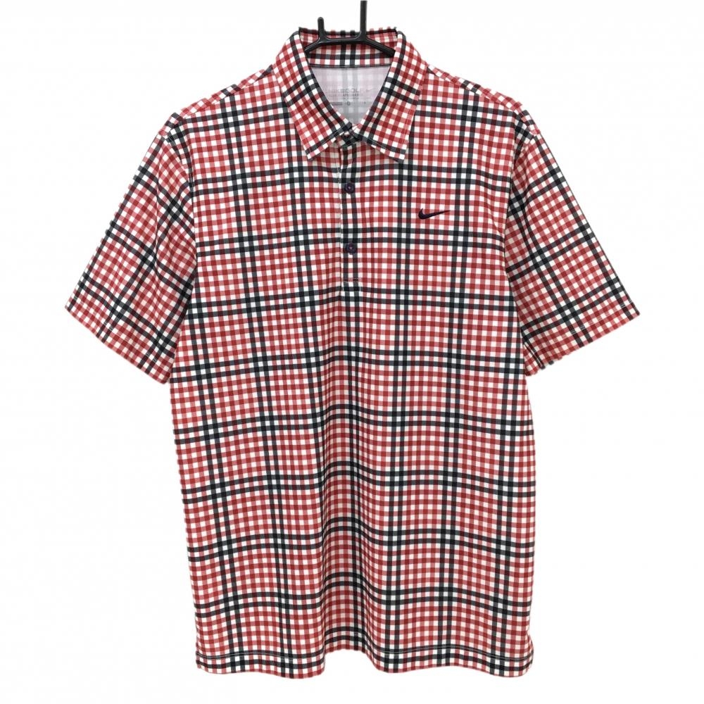 【超美品】ナイキ 半袖ポロシャツ レッド×黒×白 チェック  メンズ L ゴルフウェア NIKE