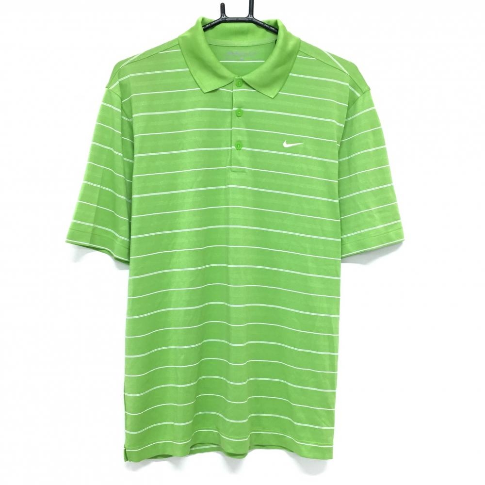 【美品】ナイキゴルフ 半袖ポロシャツ ライトグリーン×白 ボーダー ロゴ刺しゅう DRI-FIT  メンズ L ゴルフウェア NIKE