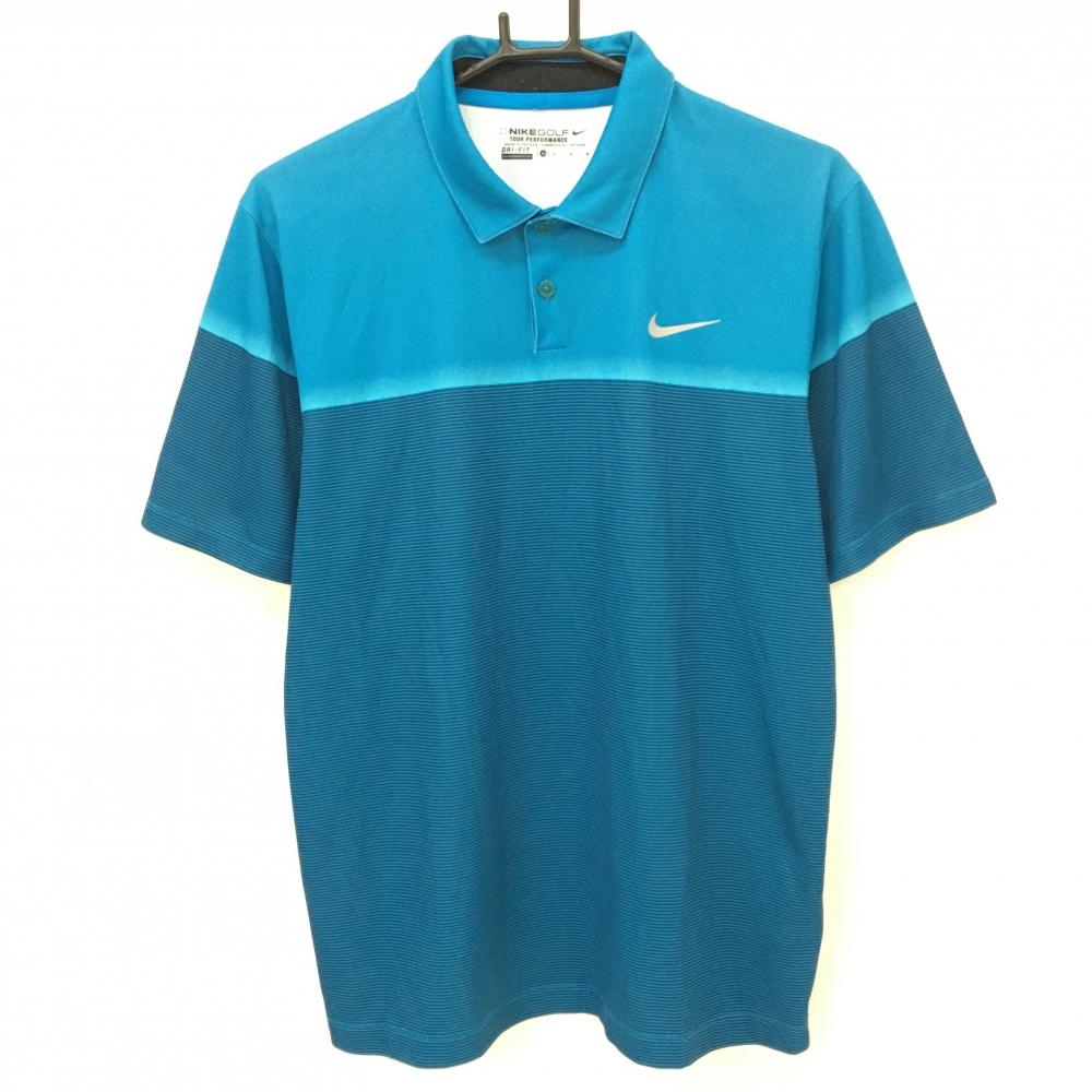 ナイキゴルフ 半袖ポロシャツ ブルー×ネイビー 細ボーダー ロゴプリント DRI-FIT  メンズ M ゴルフウェア NIKE