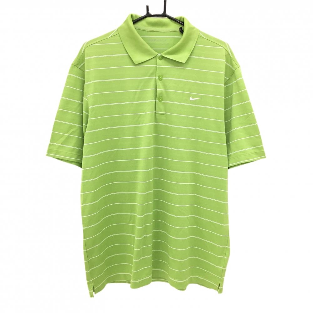 【超美品】ナイキゴルフ 半袖ポロシャツ ライトグリーン×白 ボーダー ロゴ刺しゅう DRI-FIT メンズ XXL  ゴルフウェア NIKE