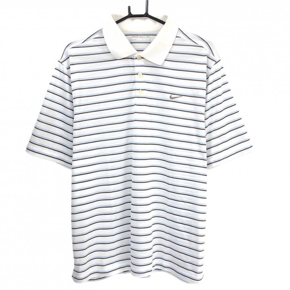 【美品】ナイキ 半袖ポロシャツ 白×ブラウン×ライトブルー ボーダー  メンズ XXL ゴルフウェア NIKE