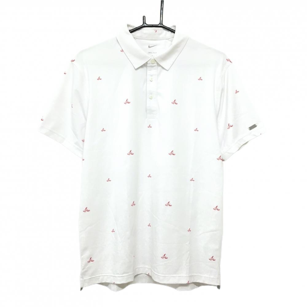 ナイキ 半袖ポロシャツ 白×レッド系 総柄 袖ロゴプレート メンズ M ゴルフウェア NIKE