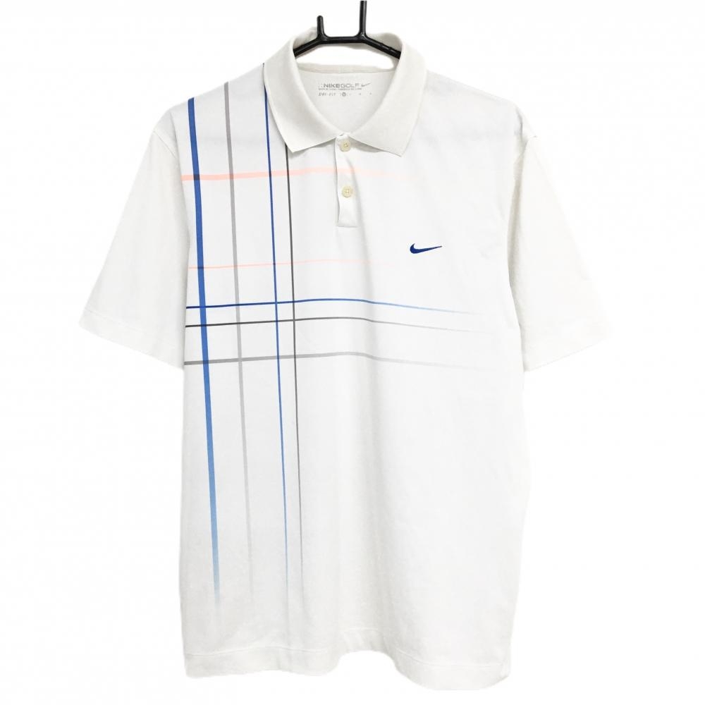 ナイキゴルフ 半袖ポロシャツ 白×ブルー 一部格子調 メンズ L ゴルフウェア NIKE
