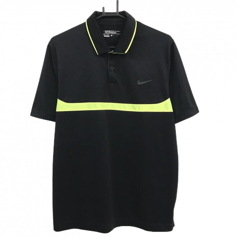 【美品】ナイキゴルフ 半袖ポロシャツ 黒×蛍光イエロー 胸元ロゴ  メンズ XL ゴルフウェア NIKE