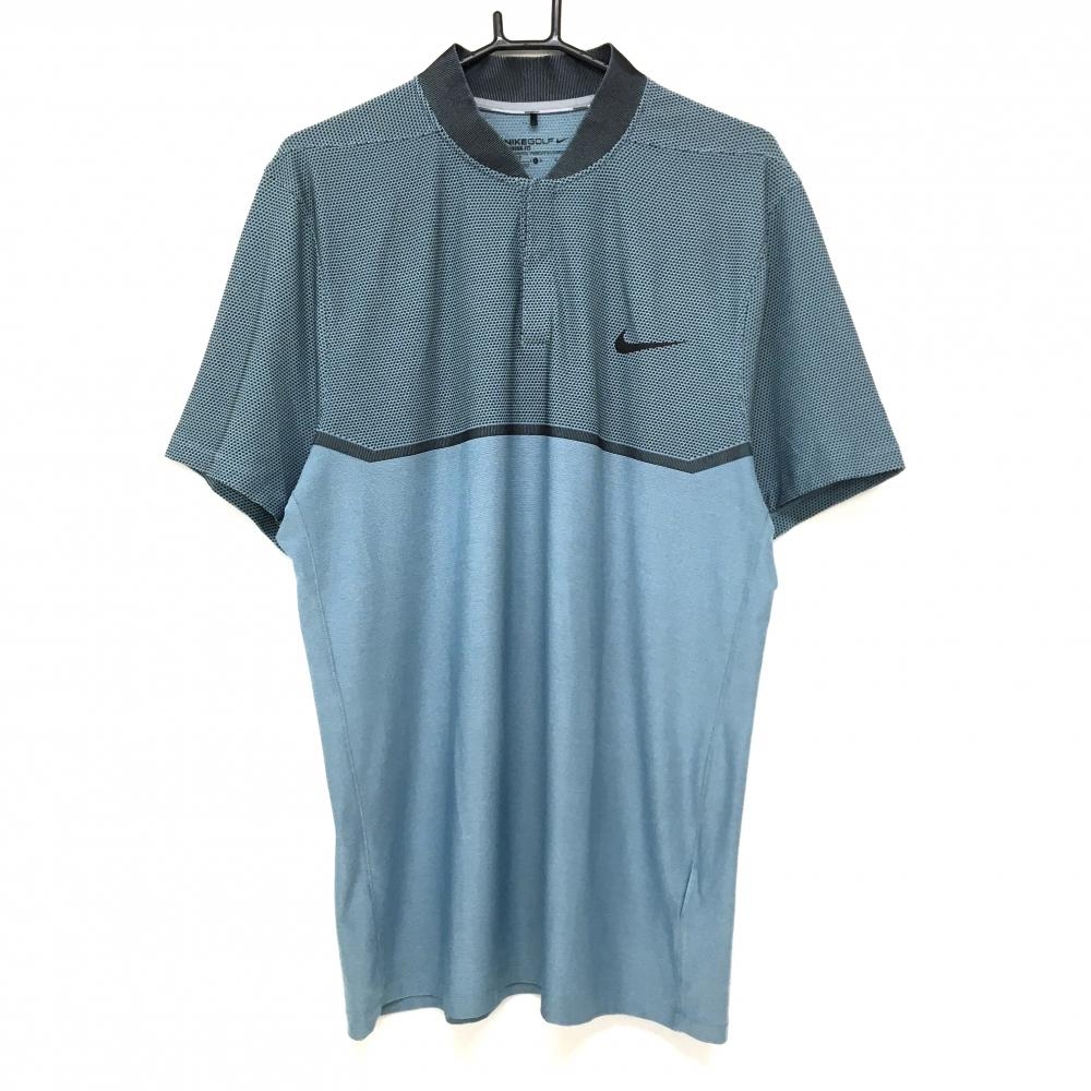 【美品】ナイキゴルフ 半袖ポロシャツ スモーキーブルー×黒 スタンドカラー スナップボタン メンズ L G　G ゴルフウェア NIKE