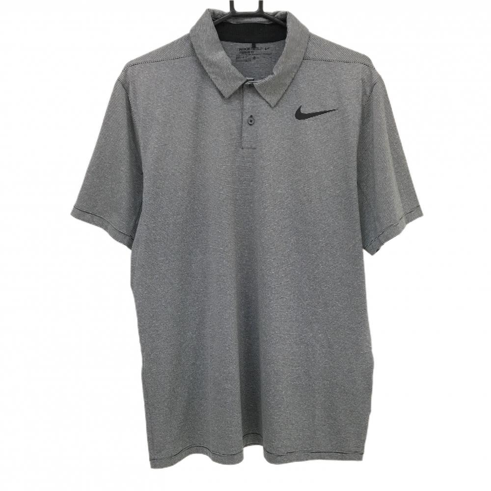 【超美品】ナイキゴルフ 半袖ポロシャツ グレー系×黒 細ボーダー ロゴプリント メンズ XL ゴルフウェア NIKE