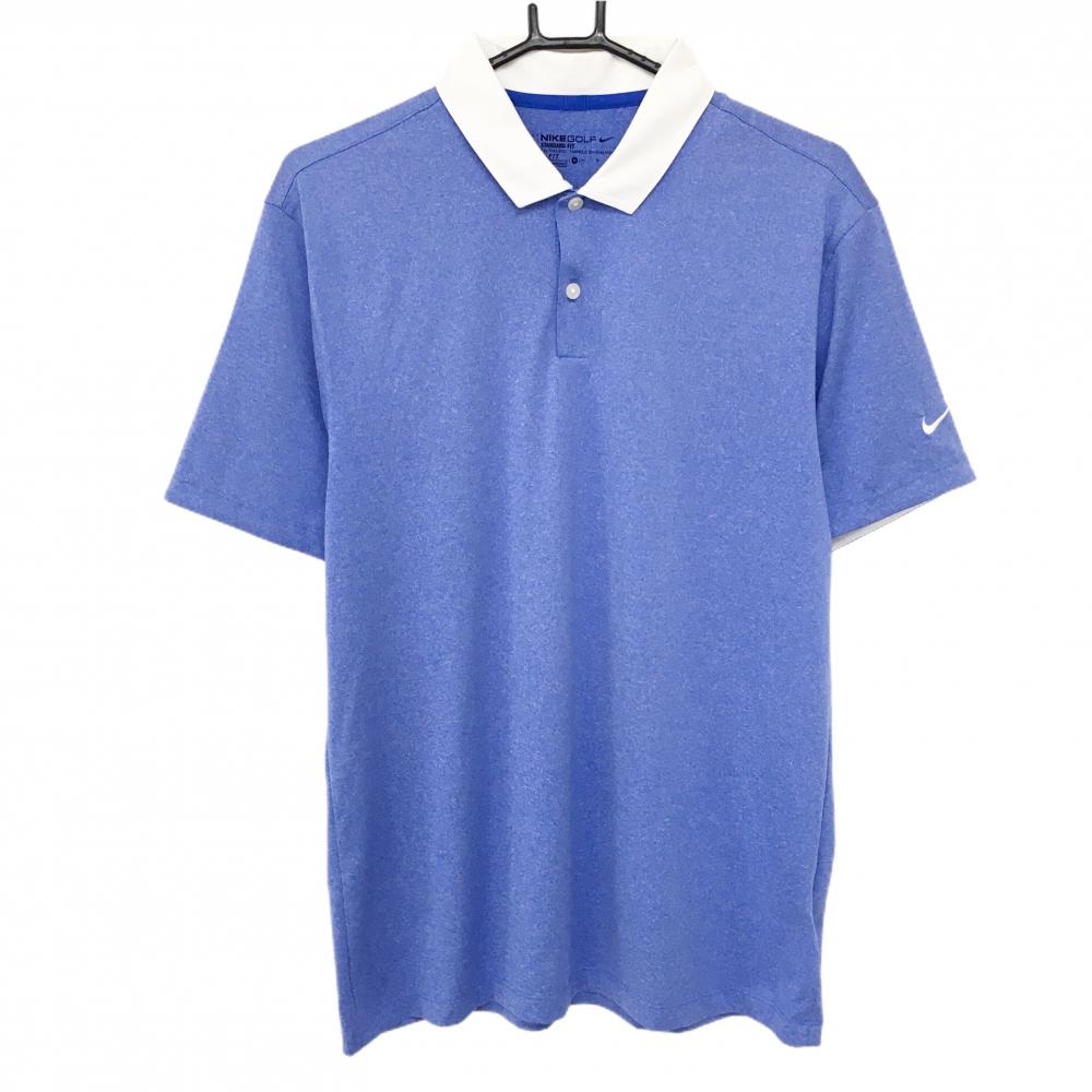 【超美品】ナイキゴルフ 半袖ポロシャツ 杢ブルー×白 袖ロゴ刺しゅう DRI-FIT メンズ M ゴルフウェア NIKE