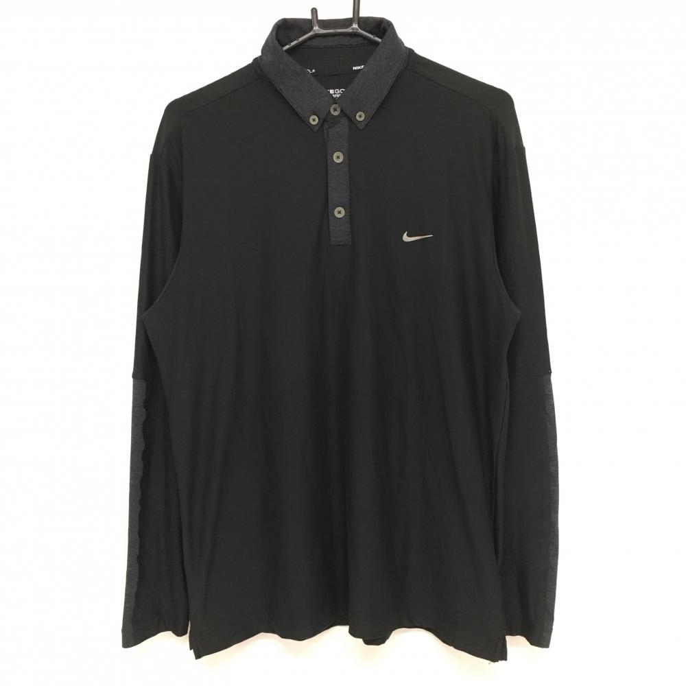 ナイキ 長袖ポロシャツ 黒×グレー ロゴプリント ボタンダウン メンズ L ゴルフウェア NIKE 画像