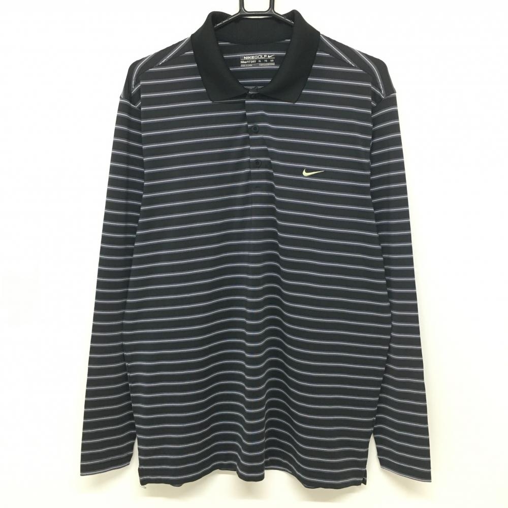 【美品】ナイキゴルフ 長袖ポロシャツ 黒×白 ボーダー ロゴ刺しゅう  メンズ XL ゴルフウェア NIKE