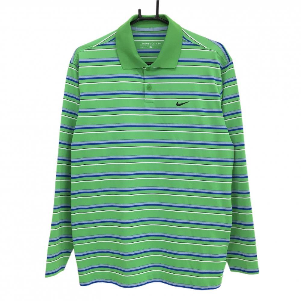 ナイキゴルフ 長袖ポロシャツ ライトグリーン×ブルー ボーダー ロゴ刺しゅう DRI-FIT メンズ L ゴルフウェア NIKE